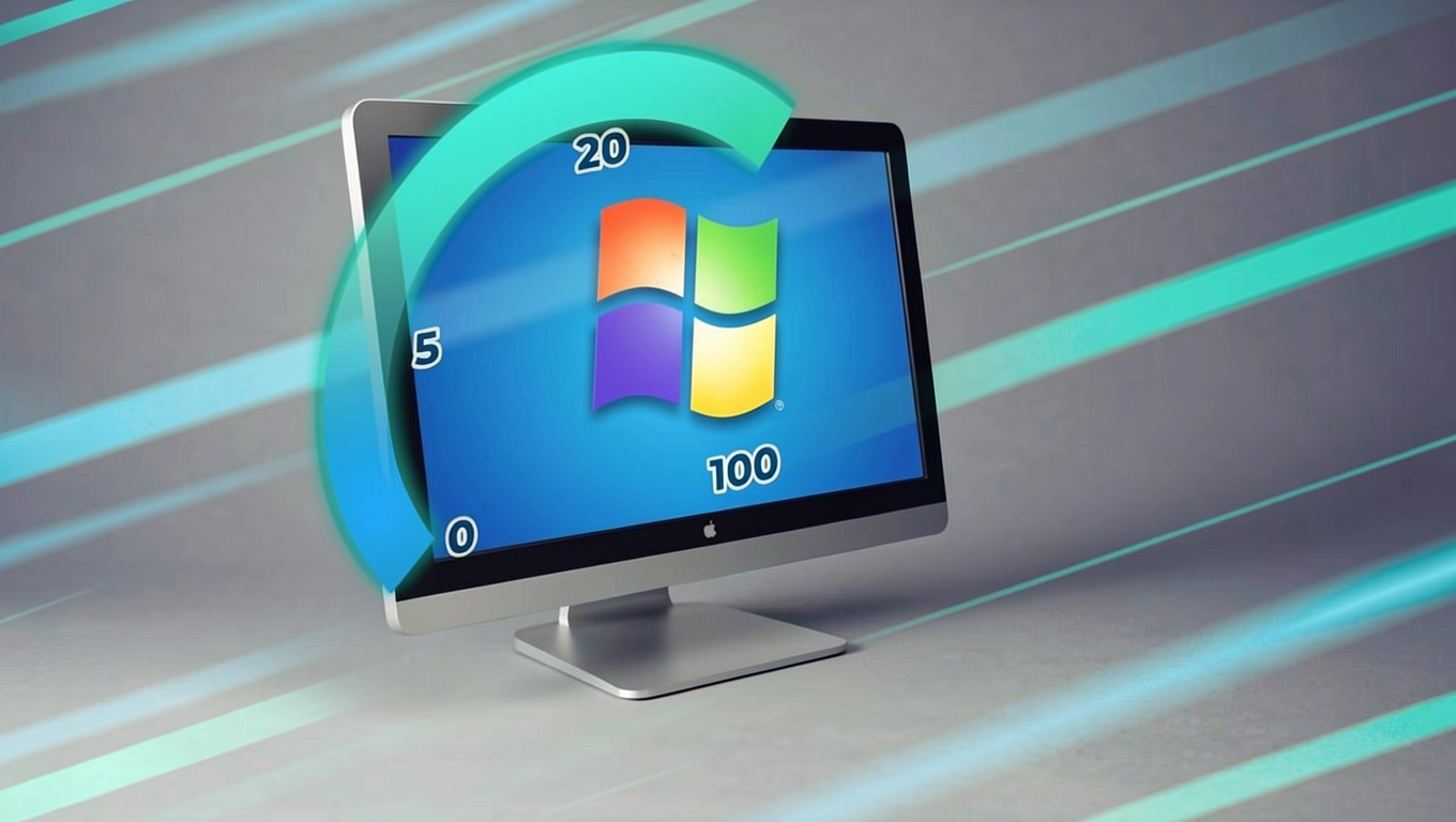 Monitor prateado com logo do Windows na tela azul, cercado por seta circular verde e números de medidor de velocidade (0, 5, 20, 100)