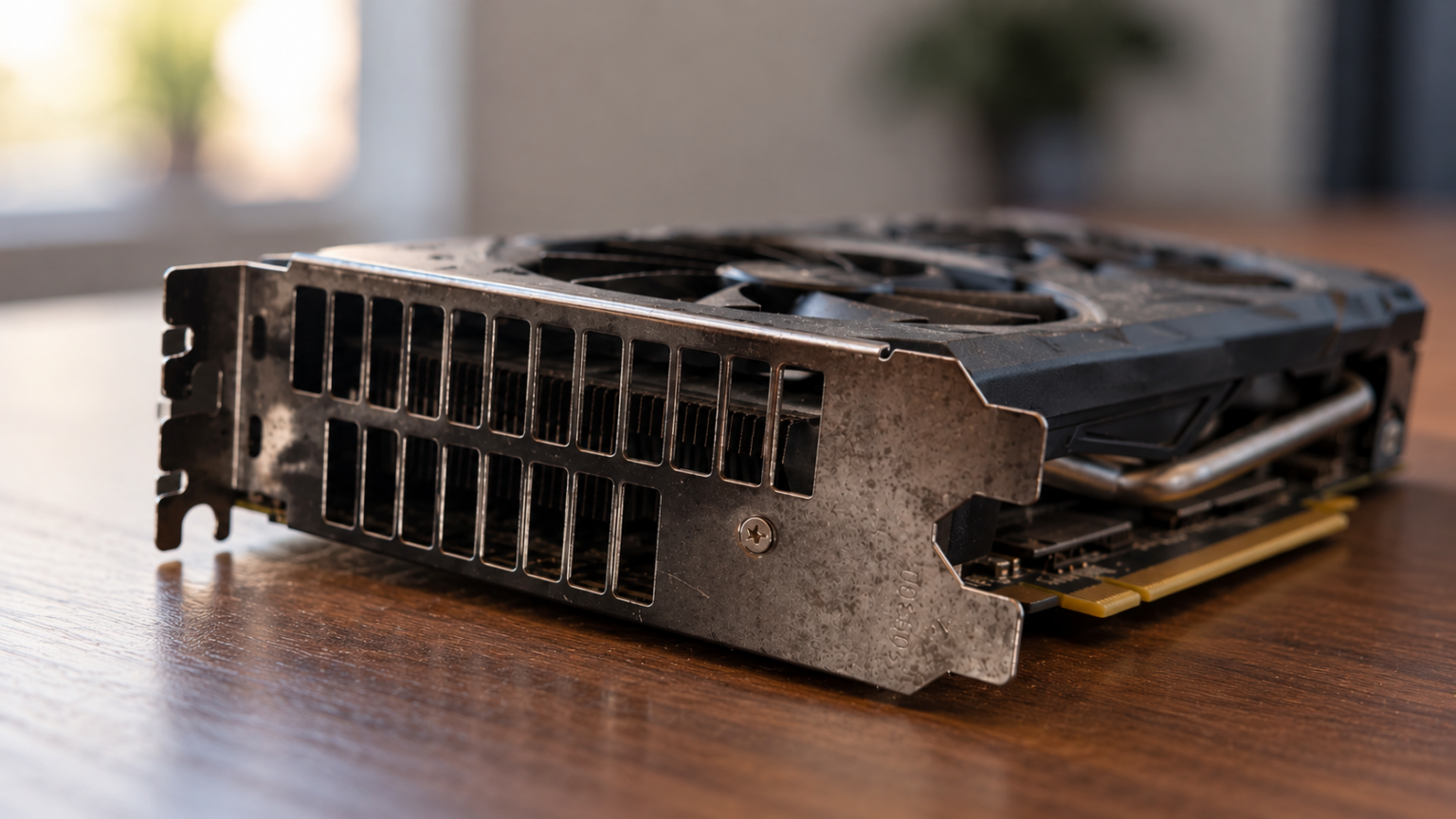 Placa de vídeo Radeon sobre uma mesa de madeira, vista de lado, com a placa traseira metálica perfurada e a parte de saídas de vídeo ausente