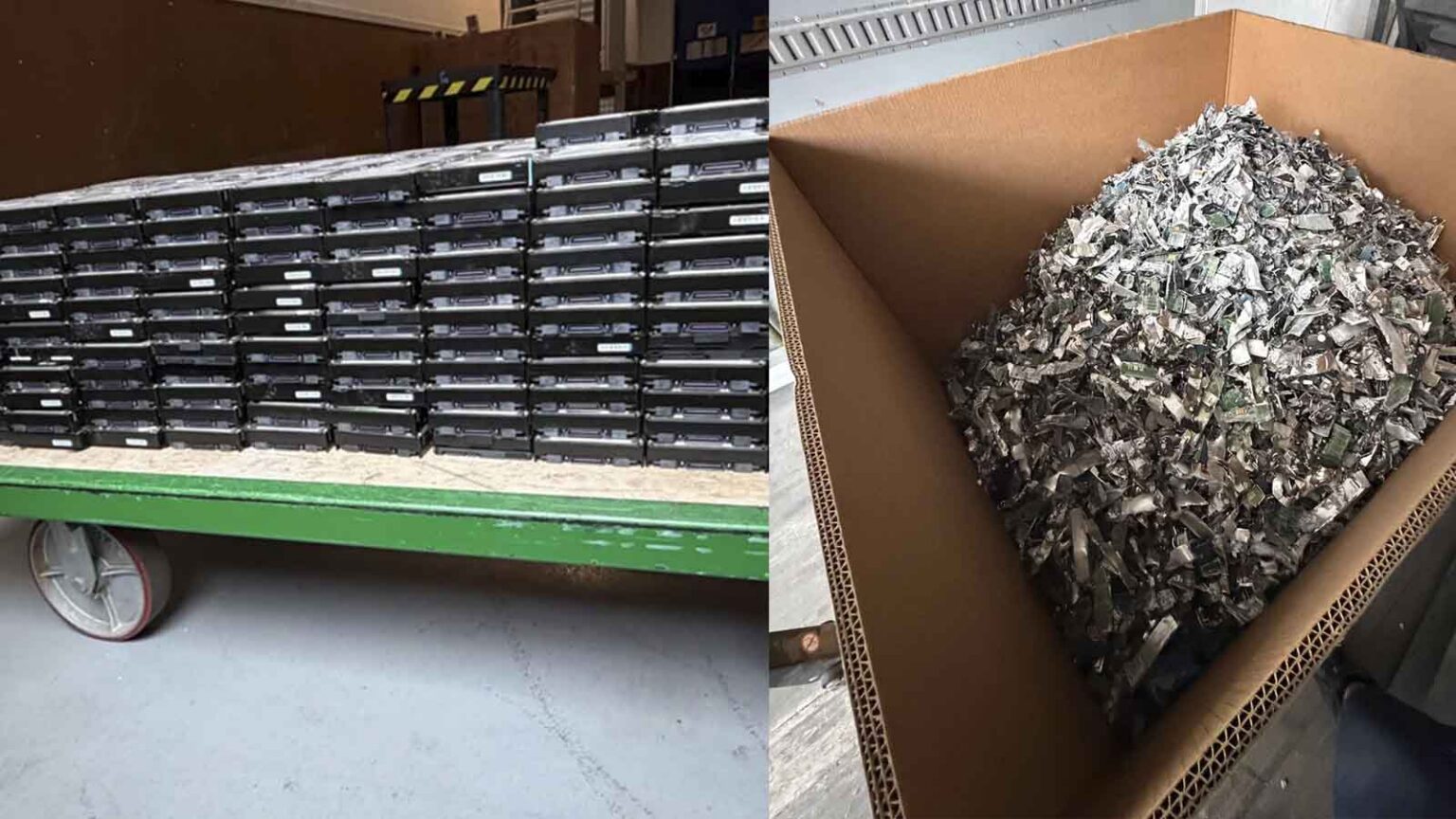 Dois registros lado a lado: à esquerda, dezenas de HDs enfileirados sobre um carrinho verde; à direita, uma caixa de papelão cheia de fragmentos metálicos trit…