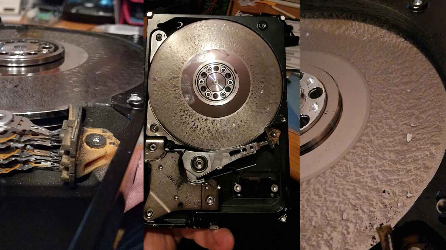 HD de computador aberto e corroído, com pratos enferrujados, cabeçote danificado e poeira metálica espalhada sobre a superfície magnética