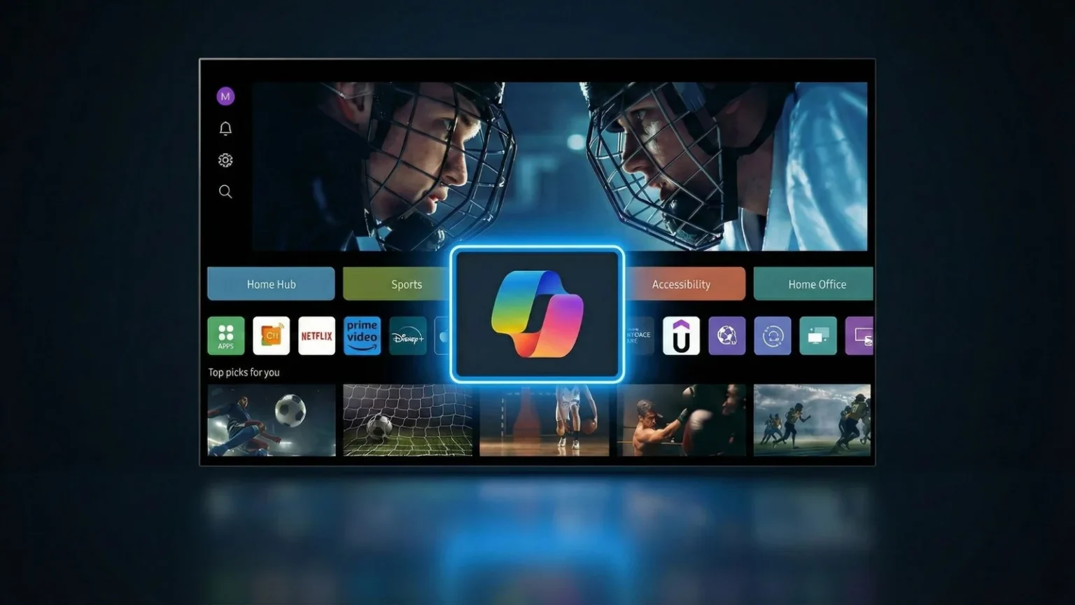 Televisor exibindo a interface de smart TV com o ícone colorido do Microsoft Copilot em destaque no centro, cercado por apps como Netflix, Prime Video e Disney+