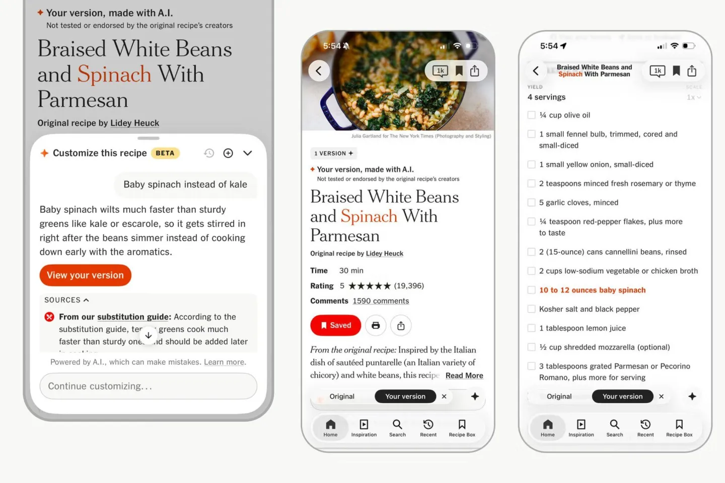 Três telas de celular mostrando o recurso de IA do NYT Cooking para personalizar a receita de feijão-branco com espinafre, com o chat trocando couve por espina…