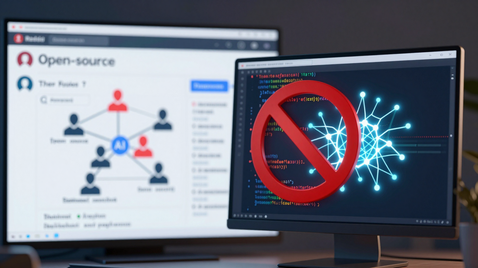 Dois monitores: um mostra uma página do Reddit com um diagrama de pessoas conectadas e um símbolo de proibição sobre código e rede neural azul no outro