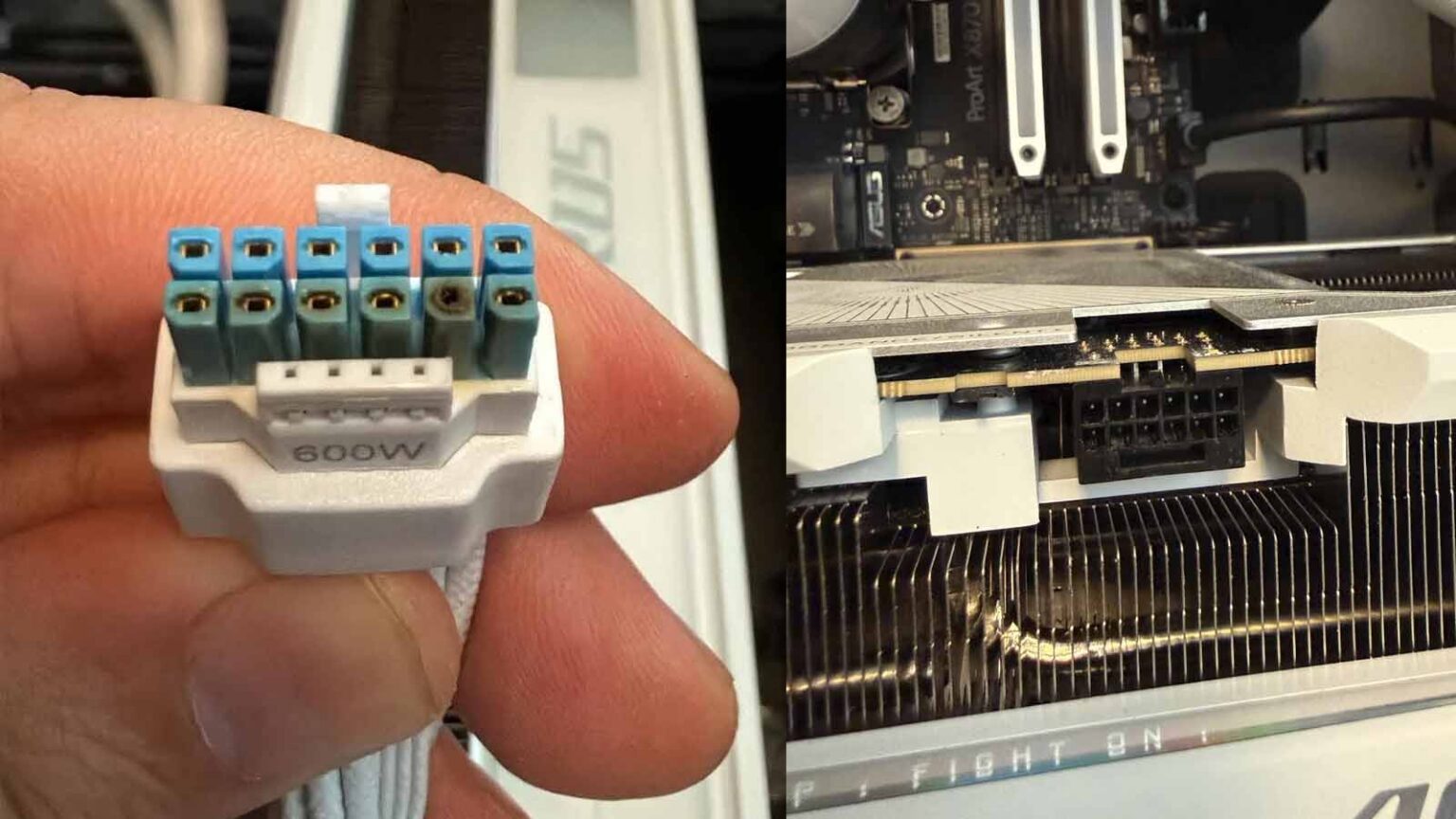 Conector de energia 12V-2x6 branco de 600W com pinos azuis derretidos ao lado de placa de vídeo RTX 5090 instalada em PC com placa-mãe ASUS