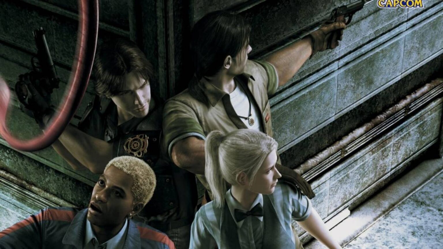 Quatro personagens de Resident Evil Outbreak, com dois deles apontando pistolas para uma porta metálica e os outros dois observando apreensivos, com o logo da…