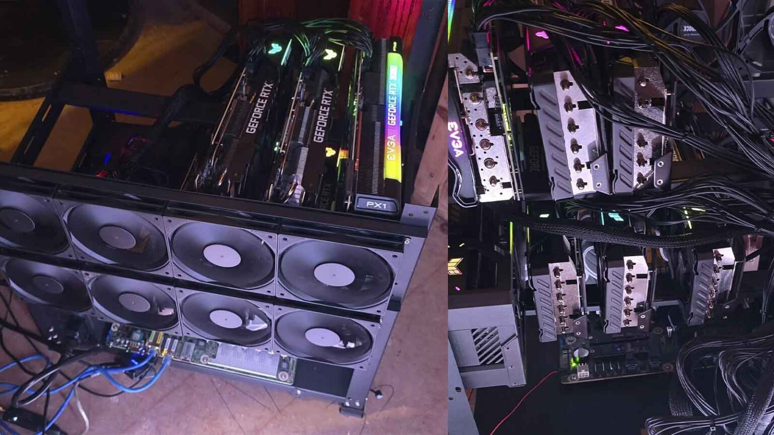 Duas fotos de um rig de mineração com várias placas de vídeo GeForce RTX da EVGA, com ventoinhas, fios e cabos de alimentação expostos e iluminação RGB