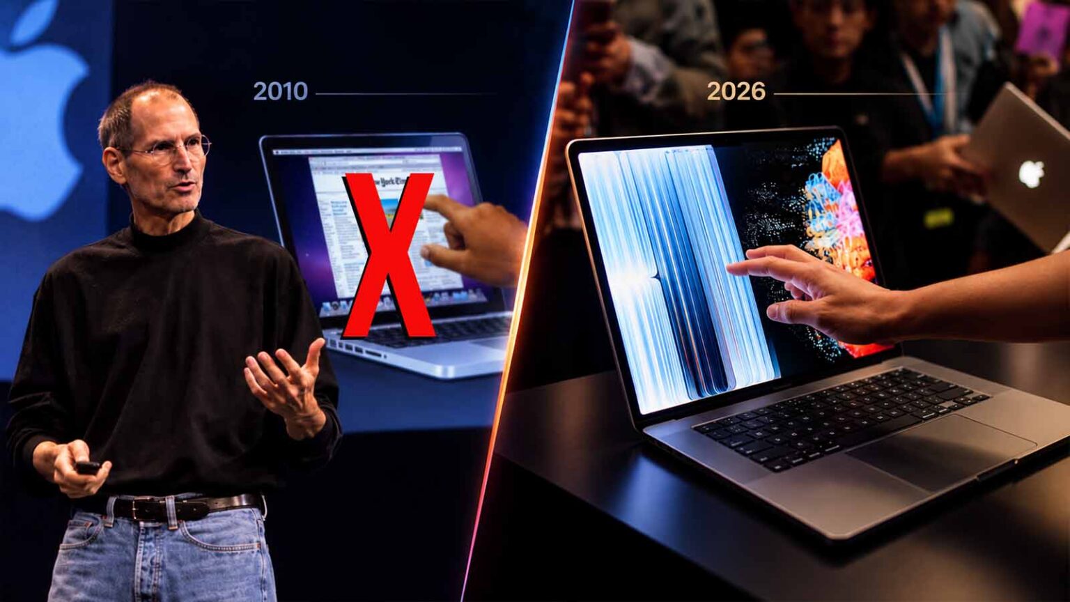 Comparação lado a lado: à esquerda, um homem de camiseta preta apresenta um MacBook de 2010 com um X vermelho sobre a tela; à direita, um MacBook de 2026 com a…