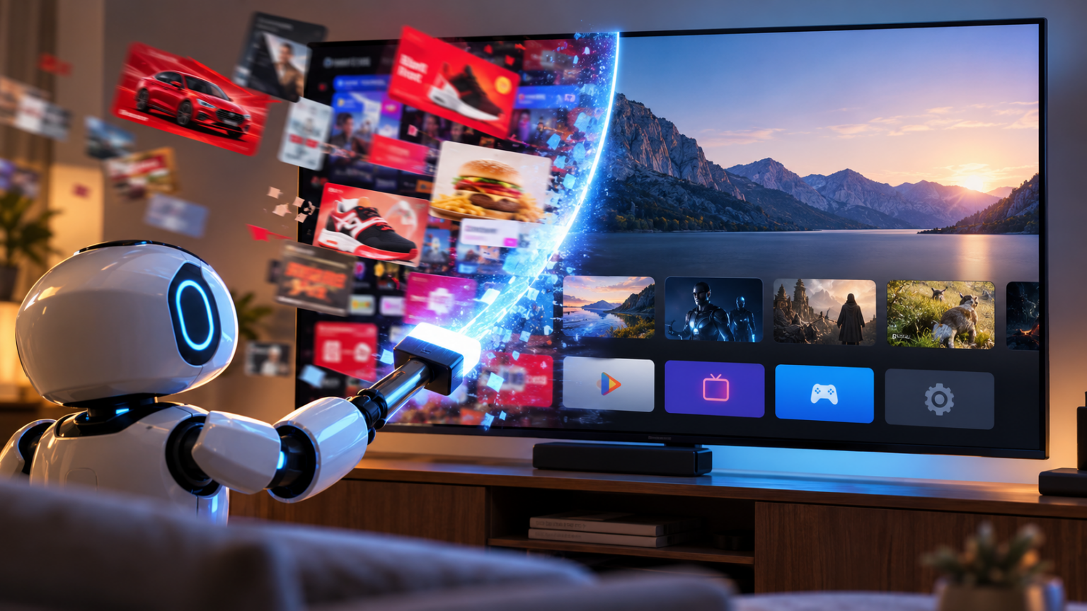 Robô branco com braço mecânico usando um bastão de luz azul para varrer anúncios coloridos flutuando e revelar uma smart TV com paisagem e menu de aplicativos