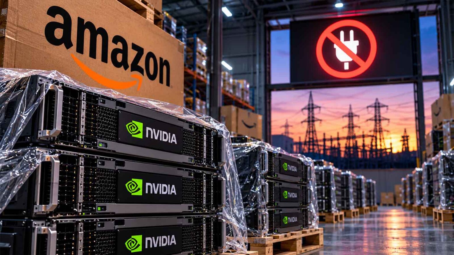 Servidores com logotipo NVIDIA empilhados e embalados em plástico, em depósito com caixa da Amazon ao fundo e placa de proibido sobre tomada, com torres de ene…