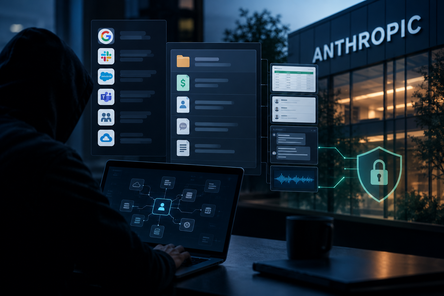 Hacker de capuz em notebook com ícones de Google, Slack, Teams e Salesforce, prédio com a marca Anthropic ao fundo e escudo de segurança digital
