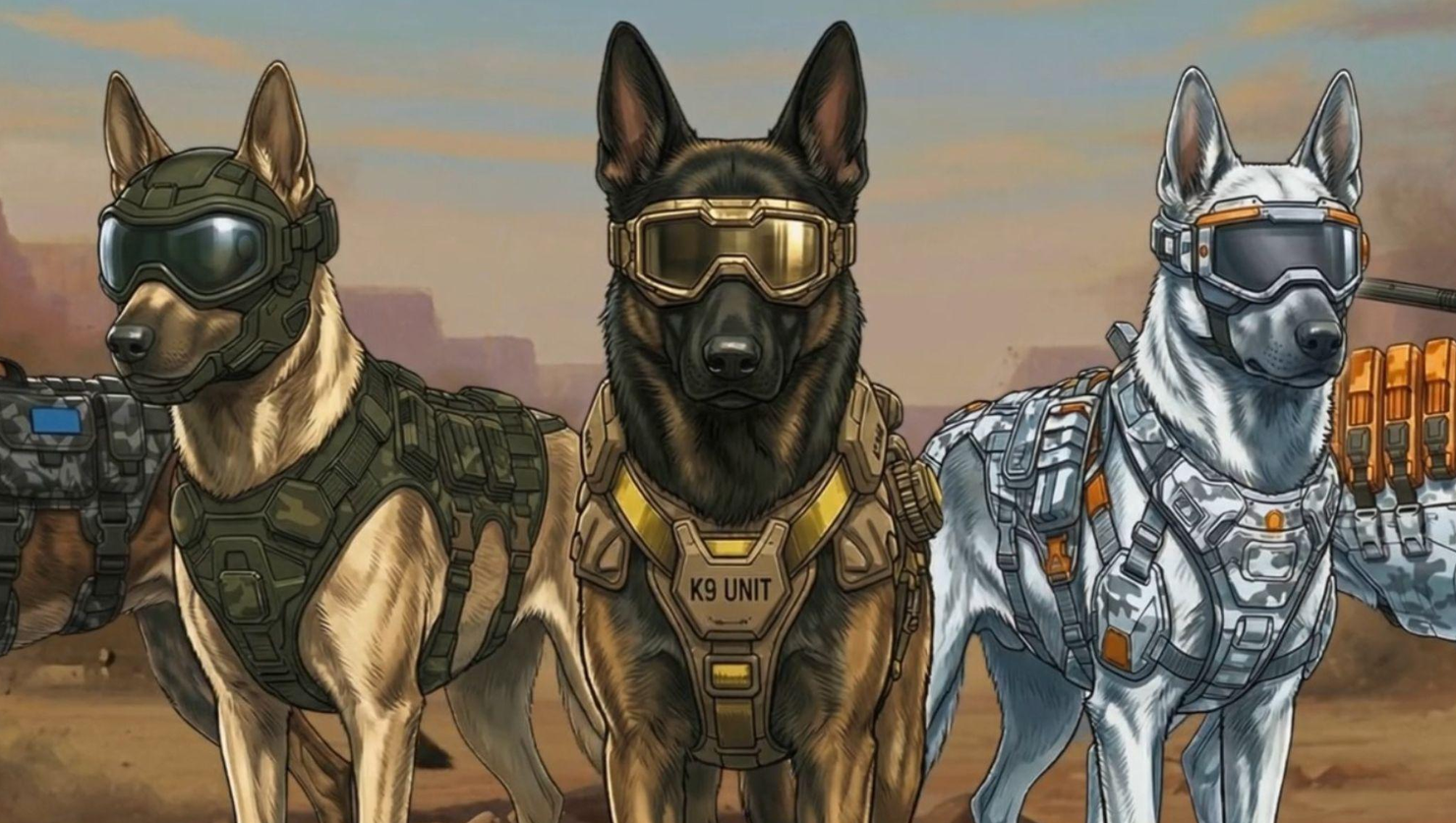 Três cães pastores em ilustração digital, com óculos táticos e coletes militares, um deles com o texto "K9 UNIT" no peitoral
