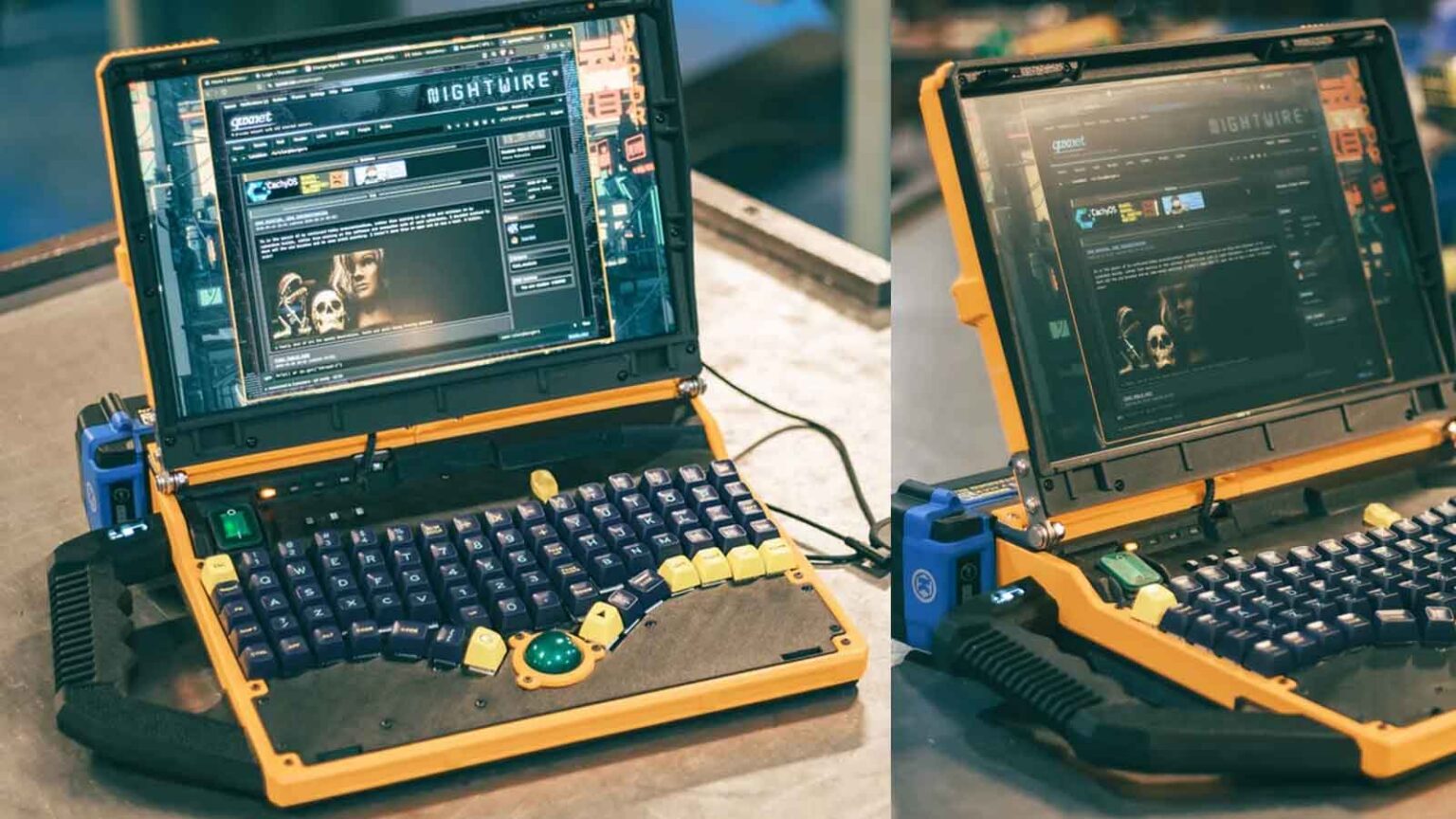 Dois notebooks cyberdeck com carcaça preta e laranja, teclado azul com trackball verde, exibindo a tela "NIGHTWIRE" em navegador, lado a lado sobre uma mesa