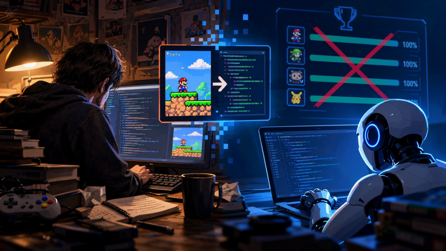 Ilustração de programador de costas codando ao lado de tela com Mario e código decompilado, enquanto um robô branco ao lado observa um placar de conquistas can…