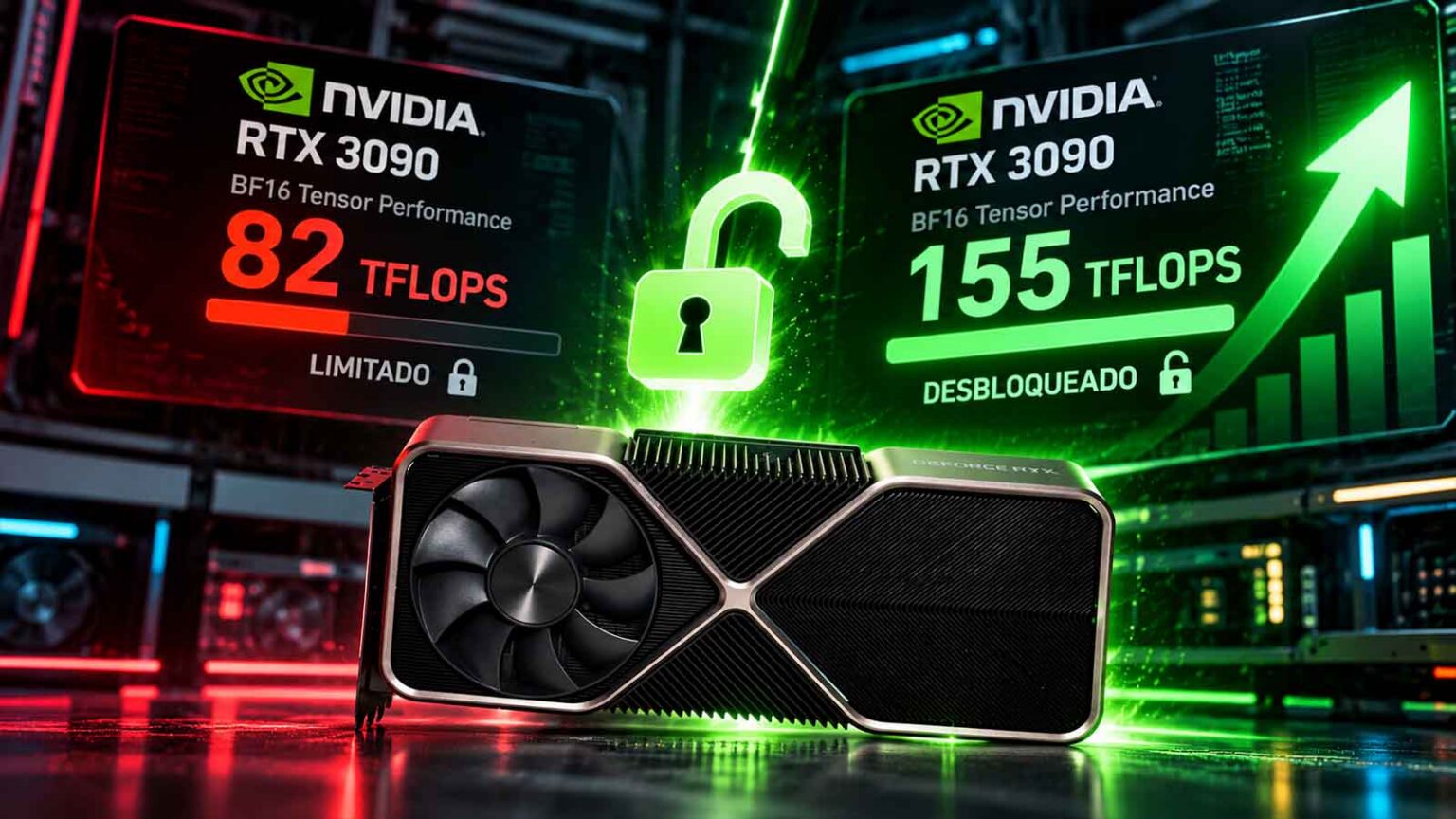Placa de vídeo NVIDIA RTX 3090 ao centro, com painéis comparando desempenho BF16 Tensor de 82 TFLOPS limitado e 155 TFLOPS desbloqueado, ao lado de um cadeado…