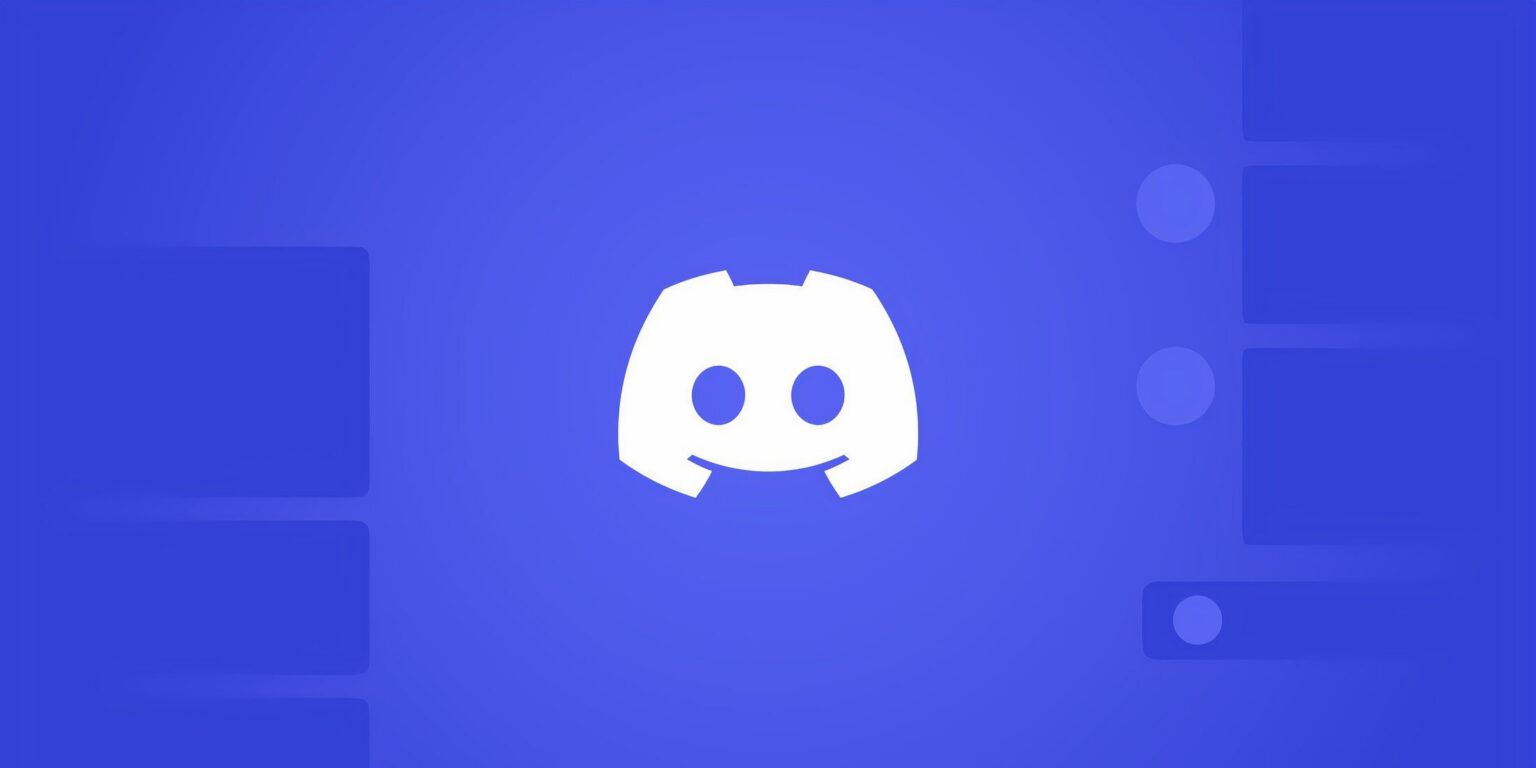 Logo branco do Discord em formato de controle de videogame sobre fundo azul-violeta com painéis de interface desfocados