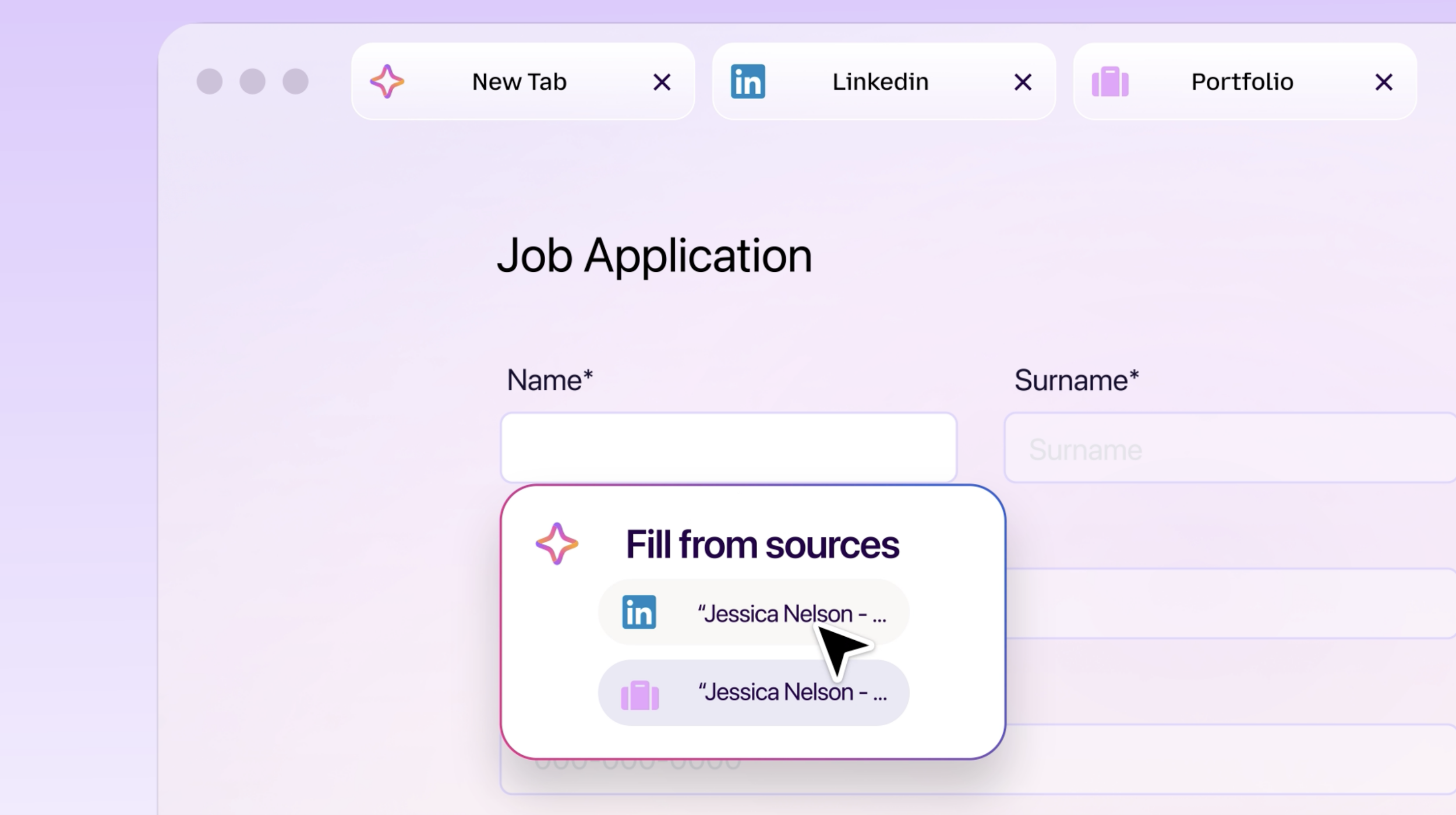 Captura de interface de navegador com janela "Job Application", campo Name preenchido por sugestão "Fill from sources" com dados de LinkedIn e Portfolio