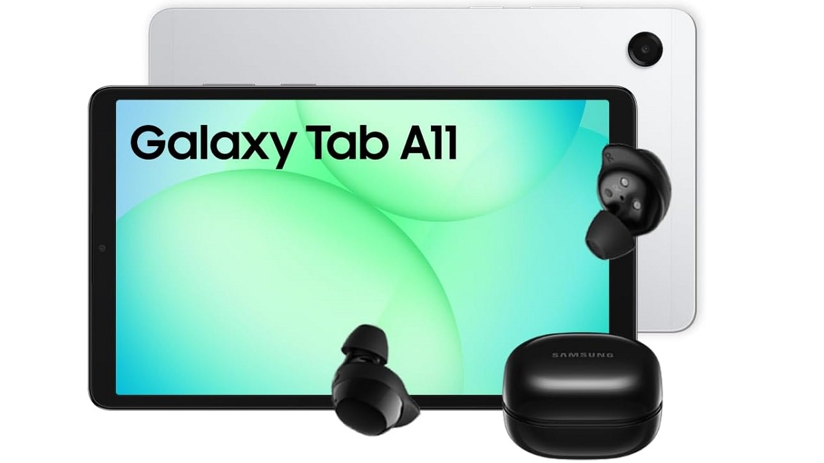 Tablet Samsung Galaxy Tab A11 na frente com tela verde, ao lado de dois fones de ouvido Galaxy Buds pretos e um estojo de carregamento Samsung