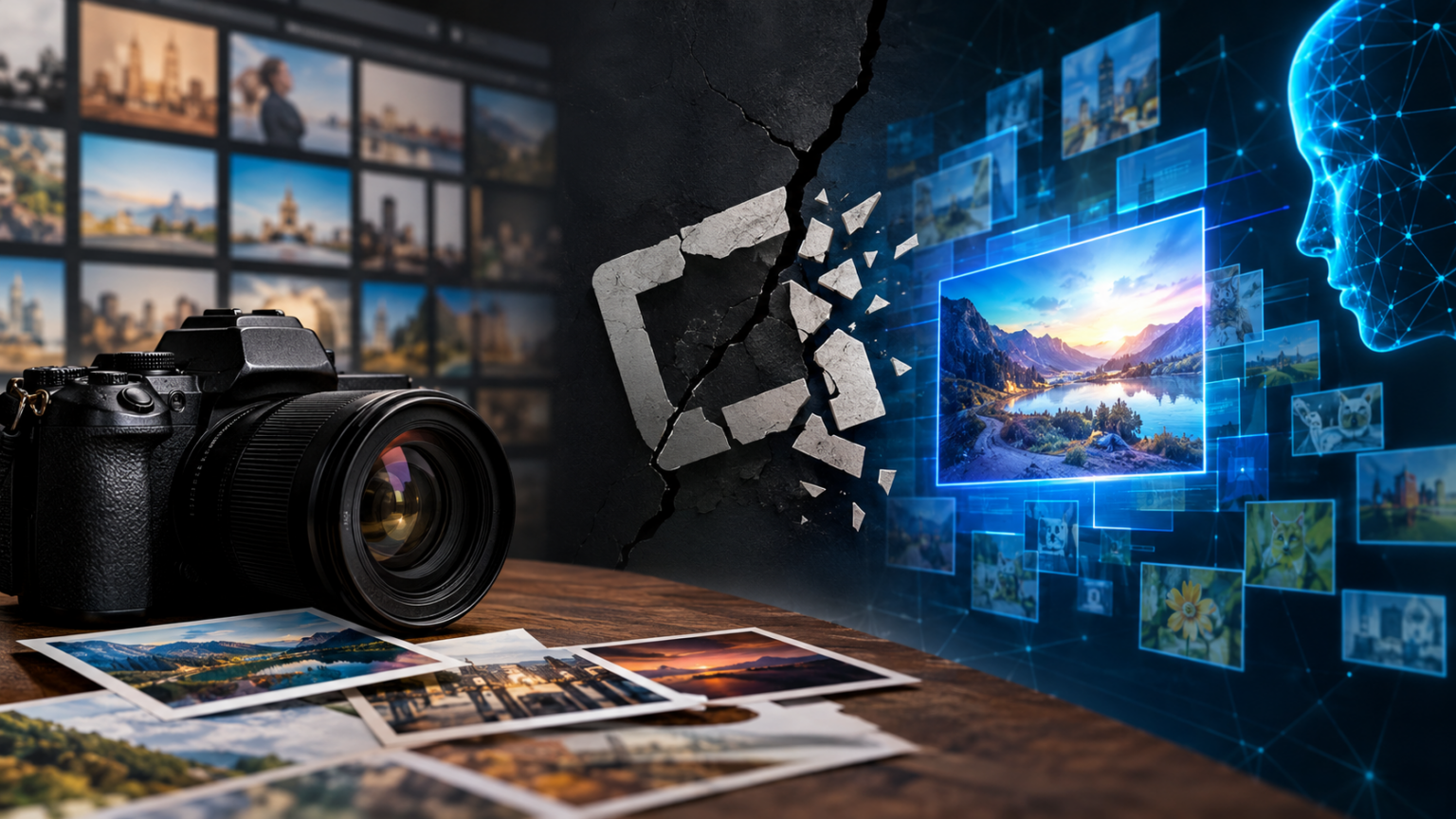 Câmera digital preta sobre mesa de madeira com fotos impressas ao lado, à esquerda; à direita, um painel rachado se desfaz em fragmentos e uma imagem gerada po…
