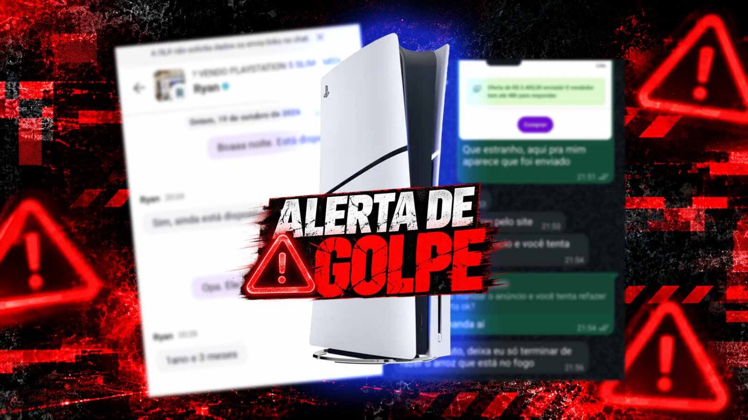 Alerta de golpe com um console PlayStation 5 ao centro, ao lado de prints de conversa de anúncio na OLX e mensagens de WhatsApp com link falso