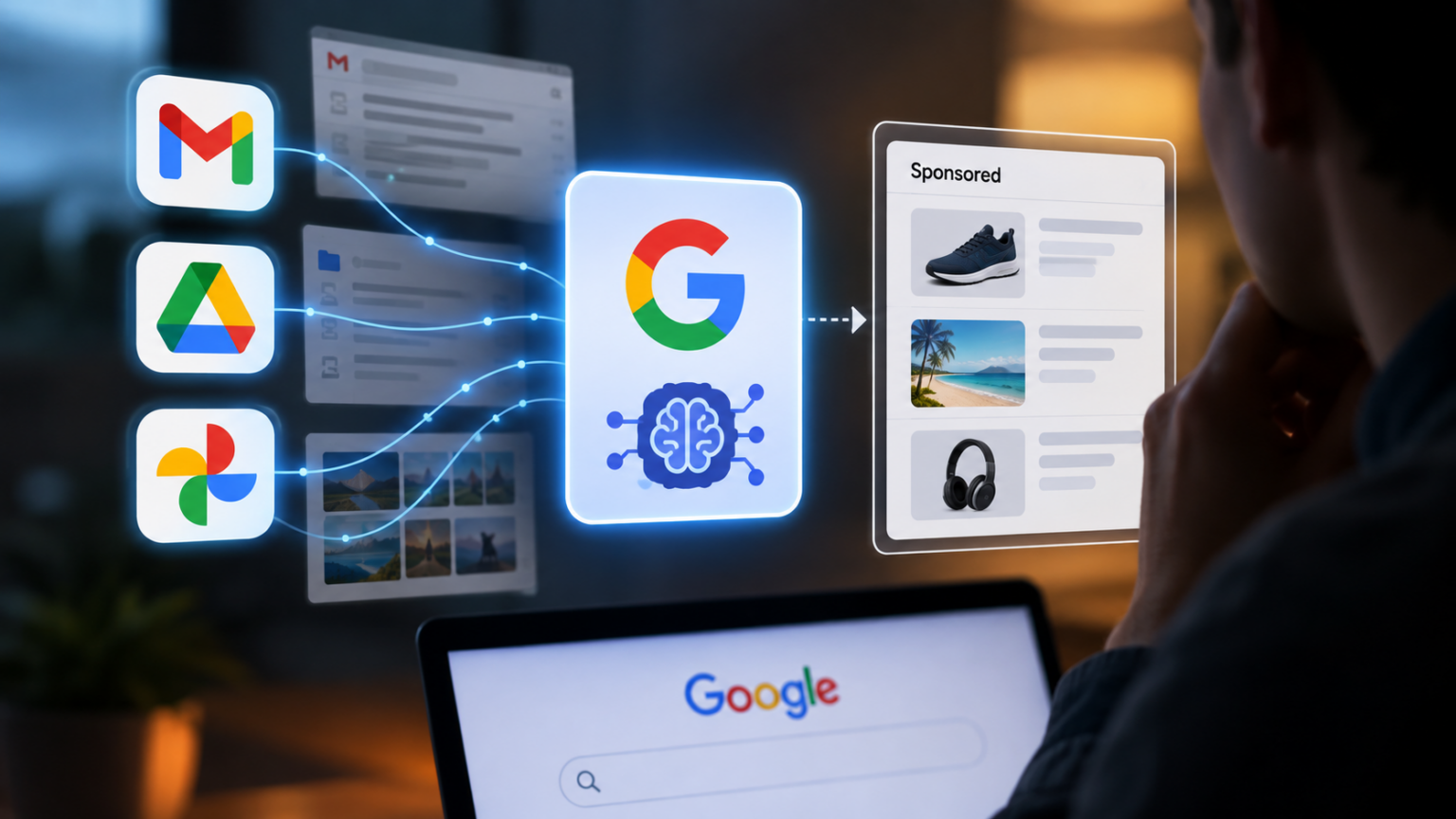 Ilustração mostrando ícones do Gmail, Drive e Fotos ligados a um cérebro de IA com a logo do Google, que alimenta anúncios patrocinados em uma tela
