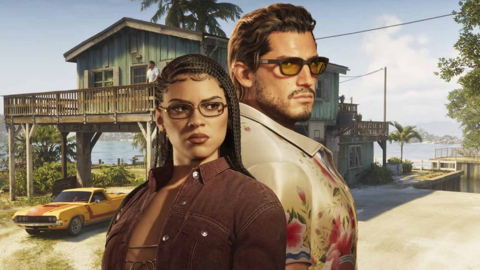 Dois personagens em 3D de GTA 6 posam diante de uma casa de madeira à beira-mar, com um carro amarelo ao fundo