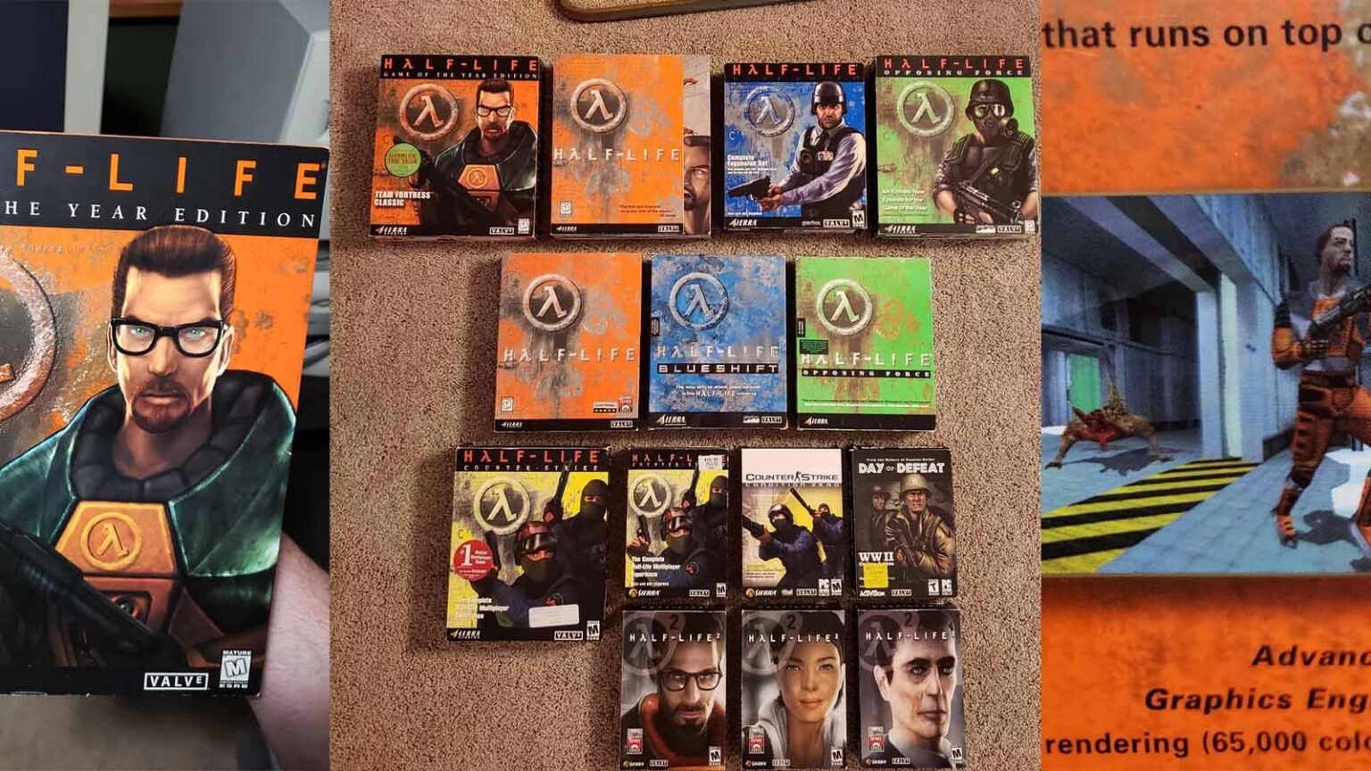 Coleção de caixas físicas de Half-Life (Valve), incluindo edições Game of the Year, Blue Shift, Opposing Force, Counter-Strike e Day of Defeat, em uma colagem…