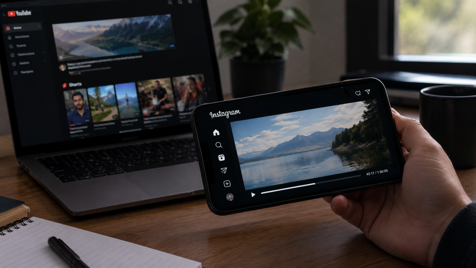 Mão segurando smartphone com o Instagram exibindo um vídeo horizontal de um lago com montanhas, ao lado de um notebook com o YouTube aberto sobre a mesa