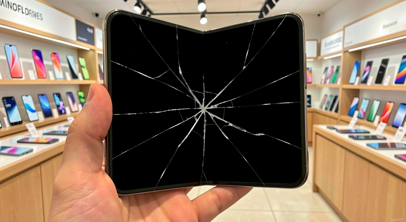 Smartphone dobrável com tela interna completamente rachada, segurado por uma mão em uma loja de celulares com aparelhos expostos ao fundo