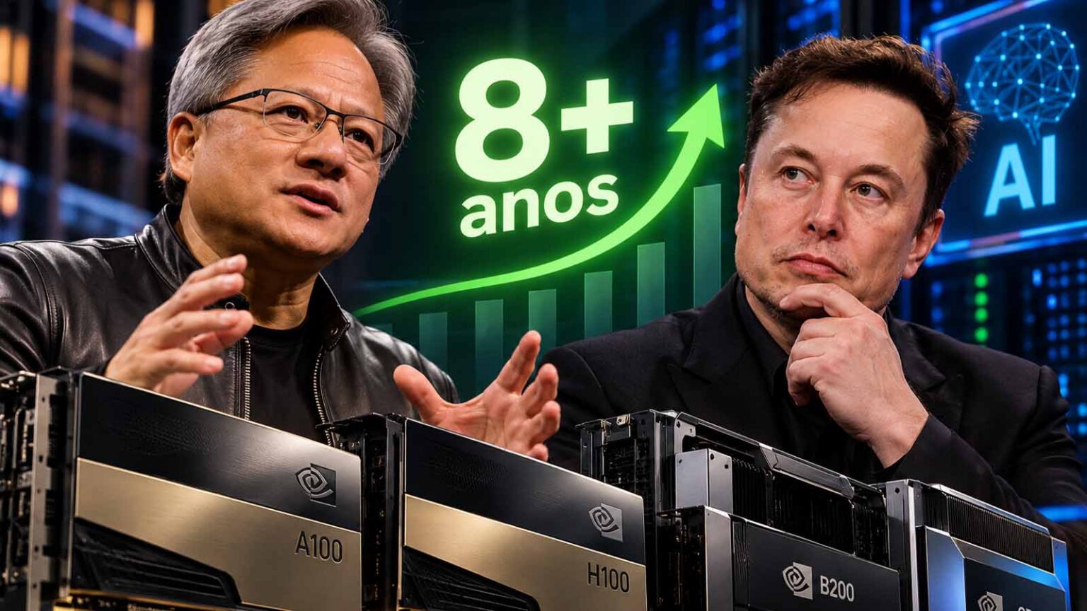 Dois executivos de terno e jaqueta conversam diante de placas de GPU NVIDIA A100, H100 e B200, com seta verde subindo e o texto "8+ anos" ao fundo
