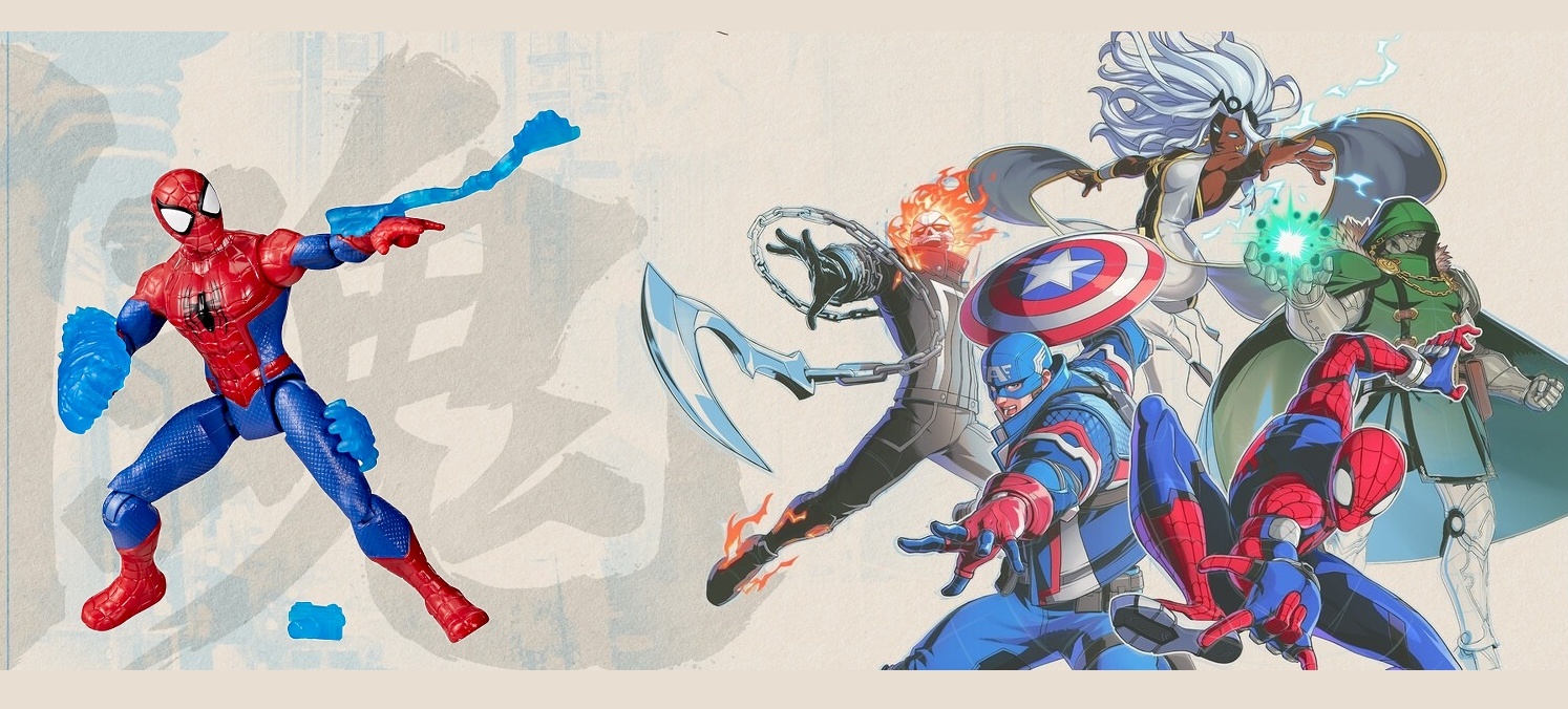 Boneco do Homem-Aranha com efeitos azuis ao lado de ilustração de heróis e vilões da Marvel, incluindo Capitão América, Tempestade e Doutor Destino