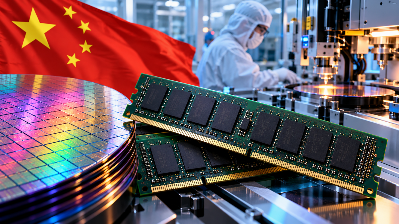 Pentes de memória RAM em primeiro plano, com wafers de silício ao lado, bandeira da China ao fundo e técnico de jaleco em fábrica de semicondutores