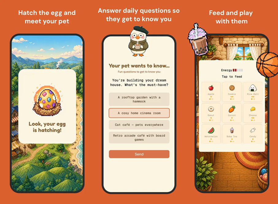 Três telas de app mobile de mascote virtual: ovo chocando com pet, pergunta diária ao pet com opções de resposta e tela de alimentação com itens como maçã, bis…