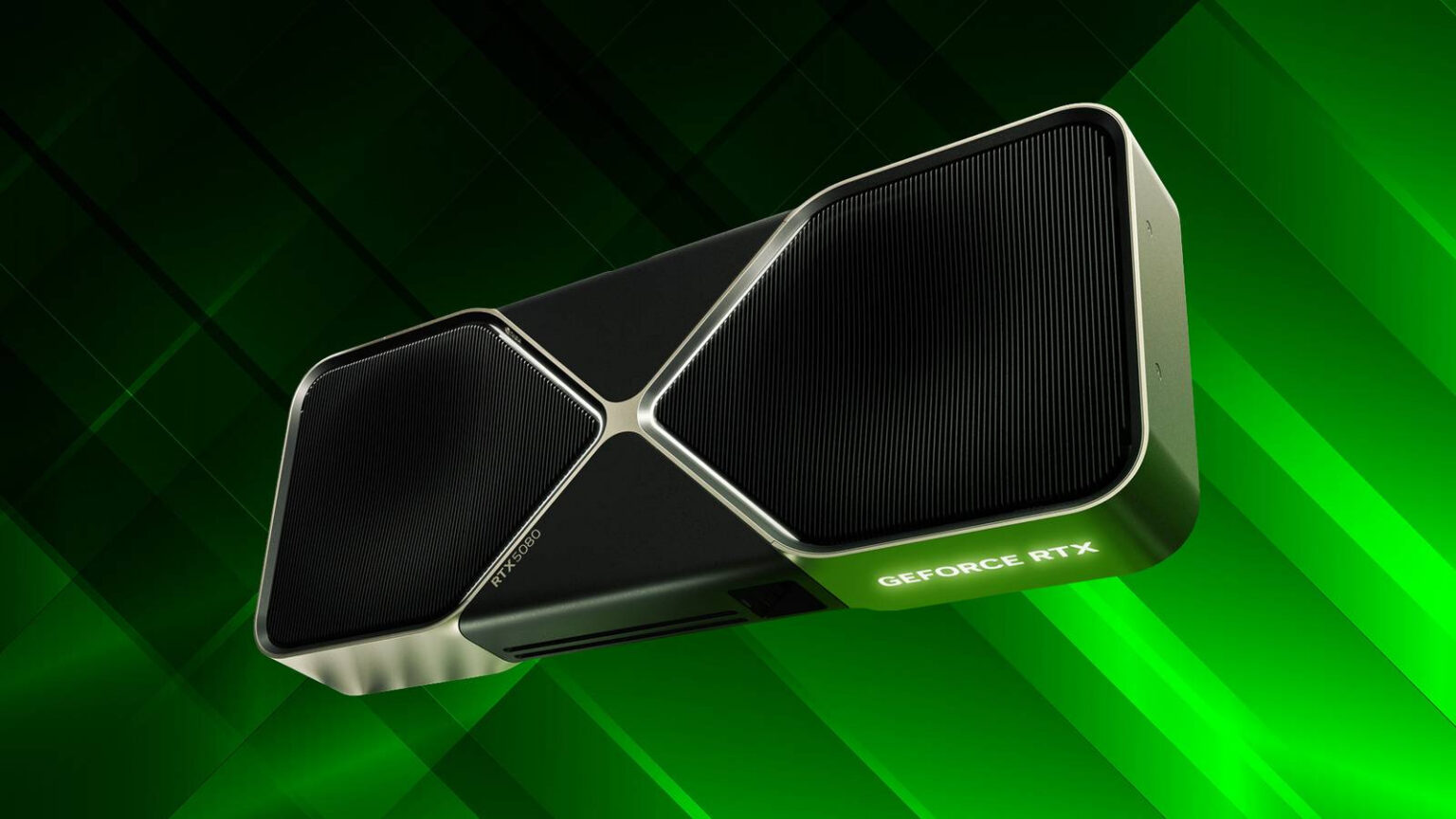 Placa de vídeo NVIDIA GeForce RTX com design preto e prateado, exibida em diagonal sobre um fundo verde com listras luminosas