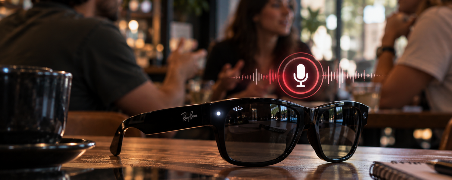 Óculos inteligentes Ray-Ban de armação preta sobre mesa de café, com ícone de microfone e ondas sonoras em vermelho, enquanto pessoas conversam ao fundo