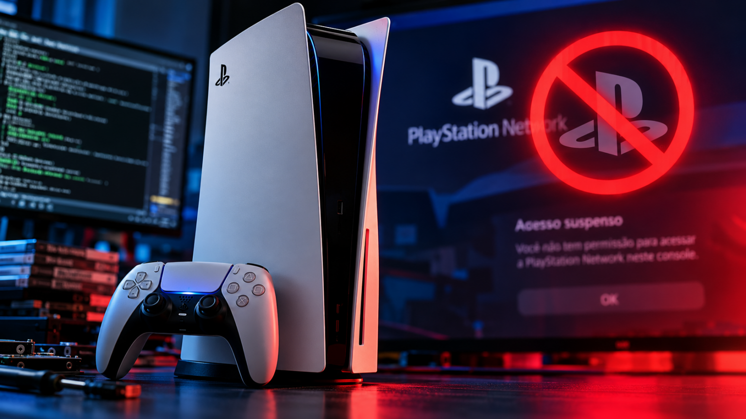 PlayStation 5 ao lado do controle DualSense, com tela mostrando "Acesso suspenso" na PlayStation Network e um símbolo de proibido em vermelho