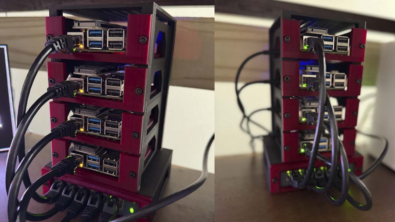 Duas fotos lado a lado de um cluster com quatro placas Raspberry Pi 5 empilhadas em um case vermelho e preto impresso em 3D, com cabos de rede e energia conect…