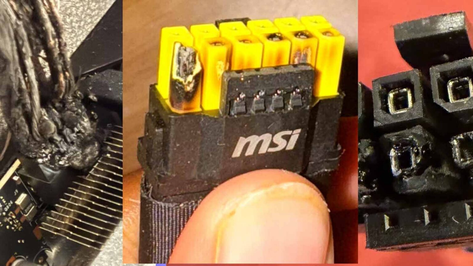 Mão segurando conector de energia 12V-2x6 com cabos pretos e rótulo GPU, ao lado de caixa de embalagem da GeForce RTX 5090 com a placa dentro