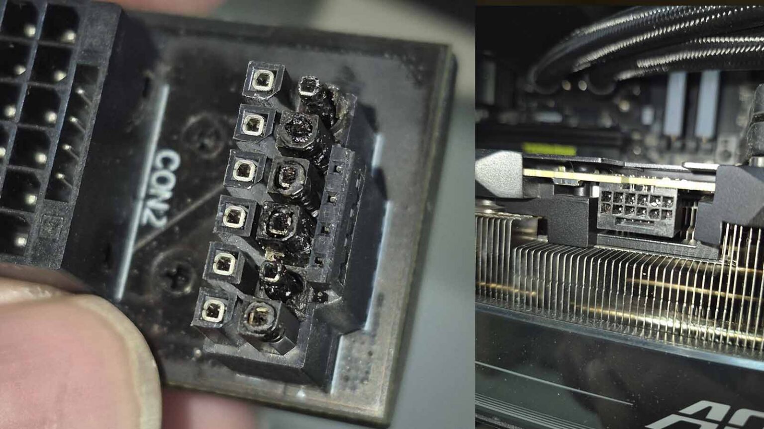 Conector de energia 12V-2x6 de placa de vídeo com pinos queimados e carbonizados ao lado de uma GPU RTX 5090 instalada no gabinete
