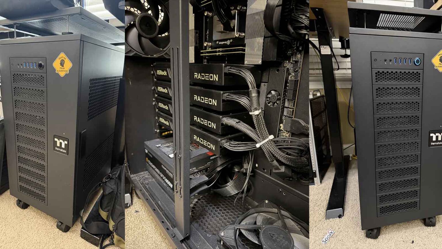 Três vistas de um PC preto de torre com quatro placas de vídeo AMD Radeon instaladas, marca Thermaltake no painel frontal, interior com cabos organizados