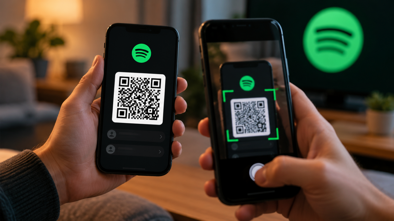 Duas mãos segurando smartphones: um exibe um QR Code com o logo verde do Spotify e outro escaneia o código, em um ambiente de sala iluminada
