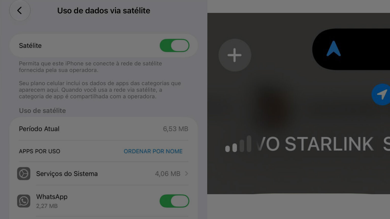 Tela do iPhone com a opção Satélite ativada em Uso de dados via satélite, mostrando 6,53 MB no período e o WhatsApp entre os apps, ao lado do sinal Starlink