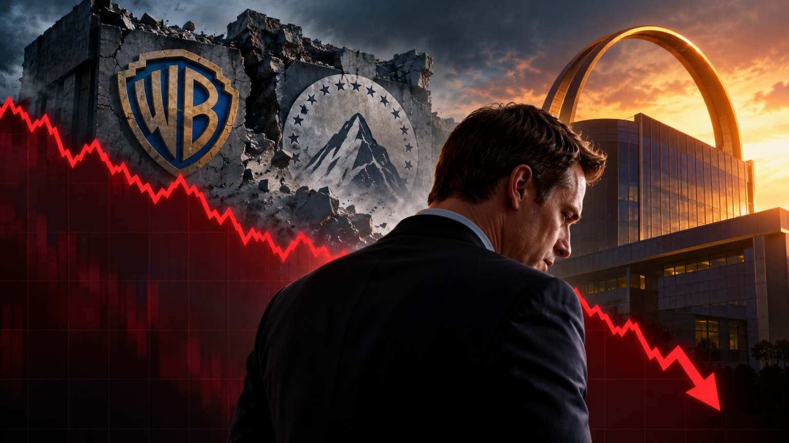 Homem de terno de costas olhando para um gráfico vermelho em queda, ao lado dos logos da Warner Bros. e da Paramount em ruínas e um prédio corporativo ao fundo