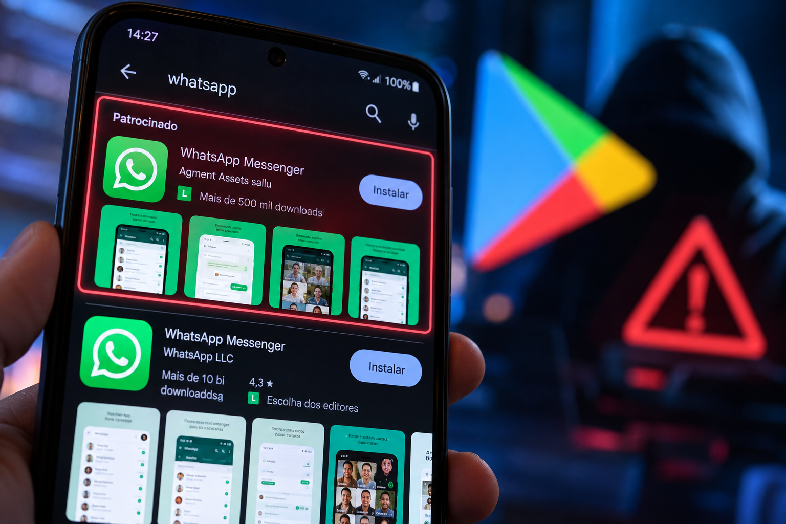 Celular na Play Store mostrando anúncio patrocinado de WhatsApp falso destacado em vermelho acima do app oficial, com alerta de segurança ao fundo