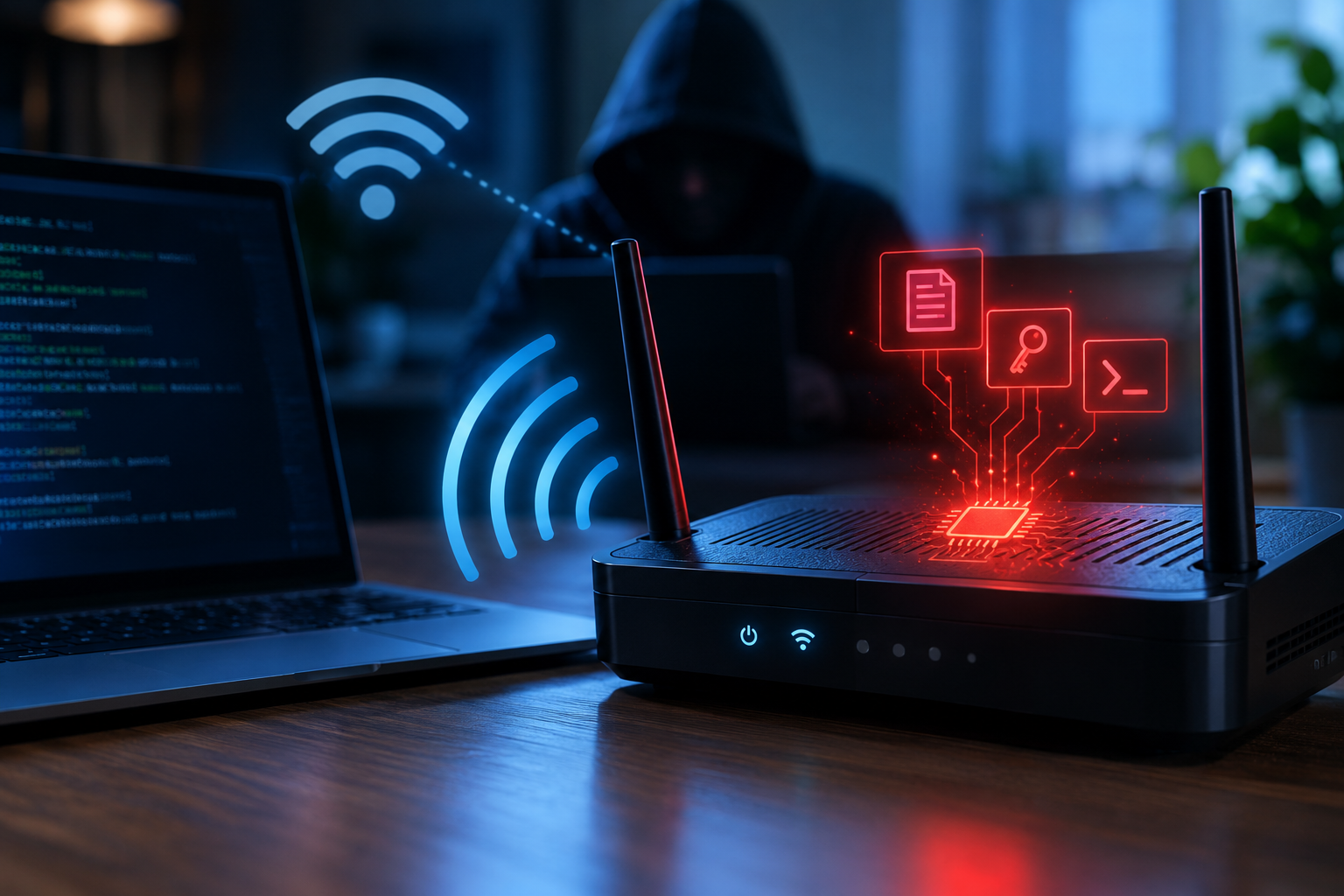 Roteador preto com antenas e ícones vermelhos de dados, notebook com código e silhueta encapuzada ao fundo simbolizando invasão por Wi-Fi