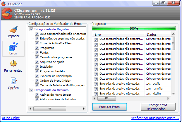 CCleaner limpando o registro.