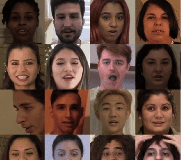 Grade de 16 rostos de pessoas diversas em close, falando ou com expressões variadas, usada para ilustrar deepfakes e detecção de manipulação por IA
