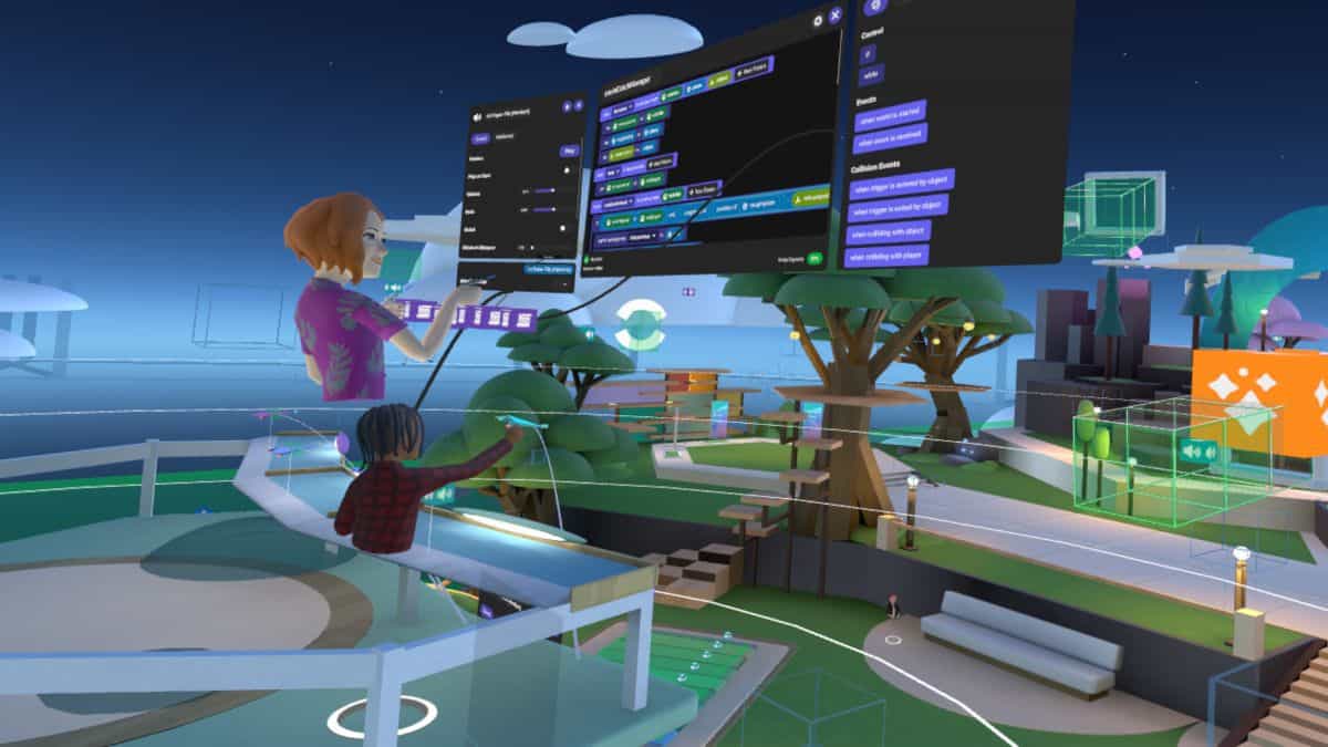 Ambiente 3D do metaverso com avatares, painéis de programação visual flutuantes e parque virtual com árvores, plataformas e construções coloridas