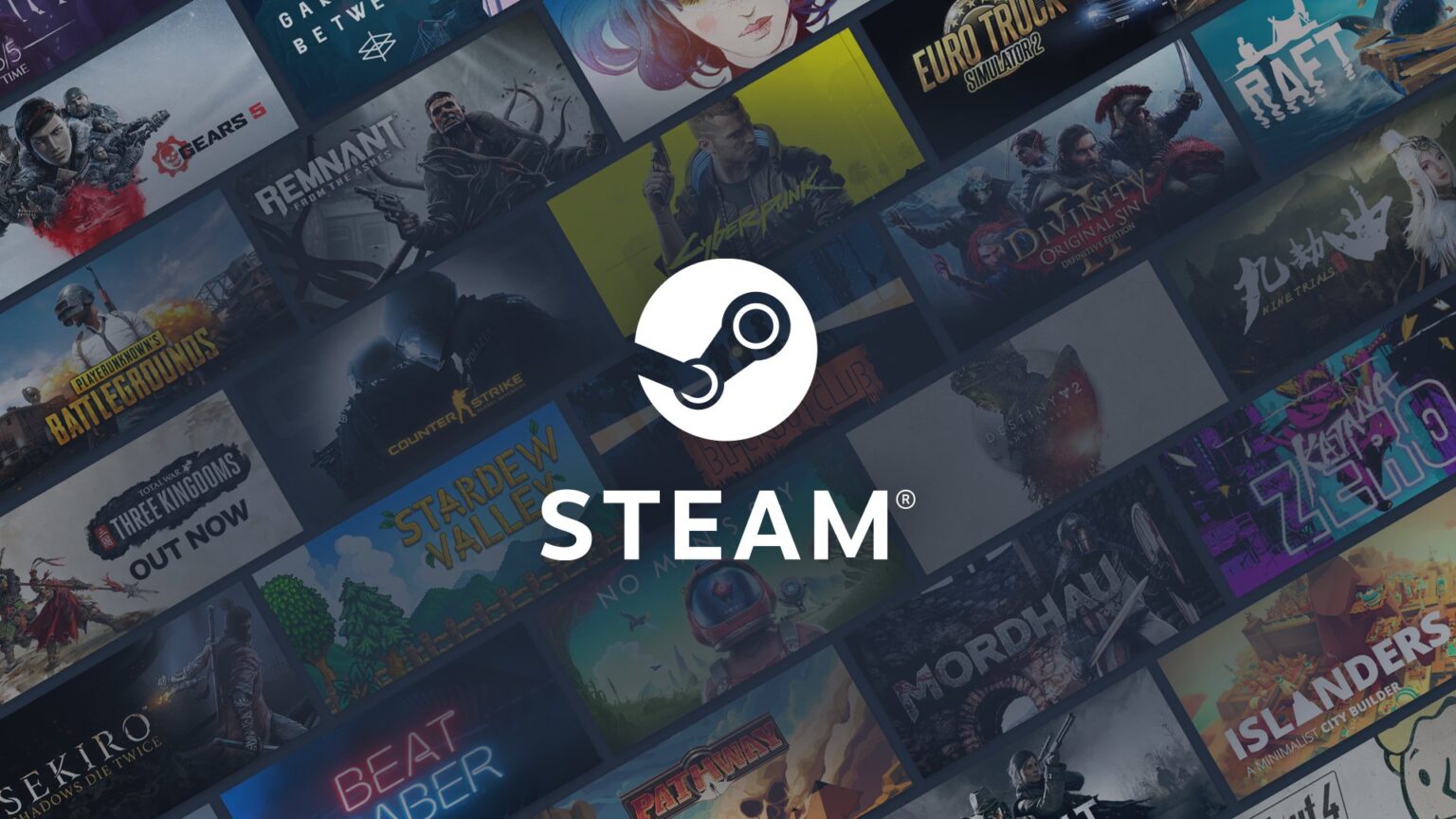Logo da Steam em branco sobre um mosaico de capas de jogos como PUBG, Sekiro, Mordhau, Stardew Valley, Raft e Beat Saber