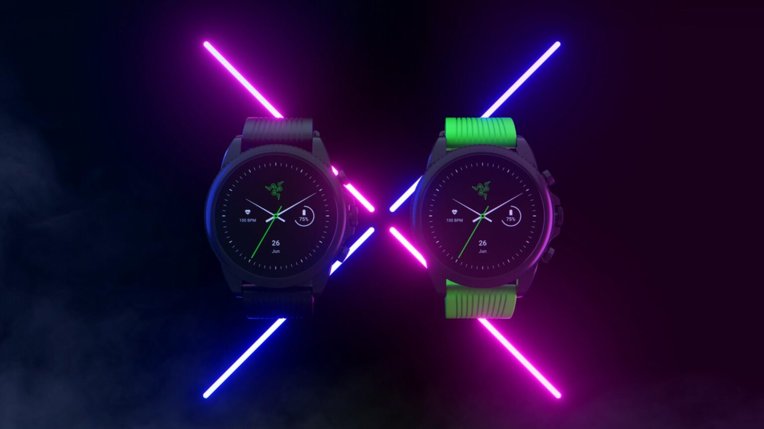 Dois smartwatches Razer X Fossil com pulseiras azul e verde, exibidos lado a lado sobre fundo escuro com linhas de luz neon roxa e rosa