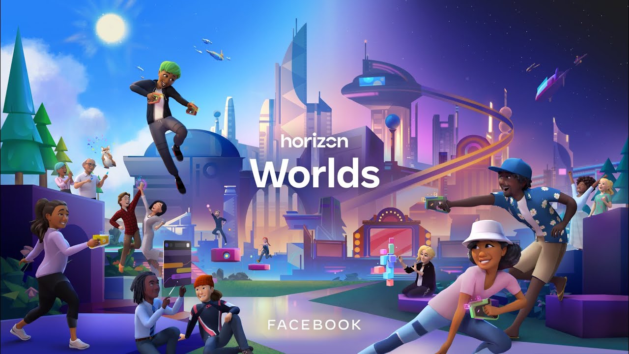 Arte promocional do Horizon Worlds da Facebook com avatares animados em cenário de cidade futurista ao entardecer, com o logotipo "horizon Worlds" ao centro